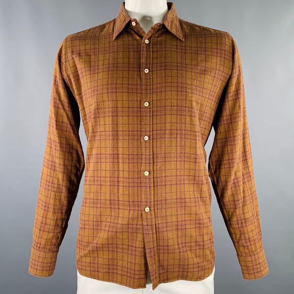BEVILACQUA Size XL Brown Purple Checkered Cotton Blend Long Sleeve Shirt - Picture 1 of 7